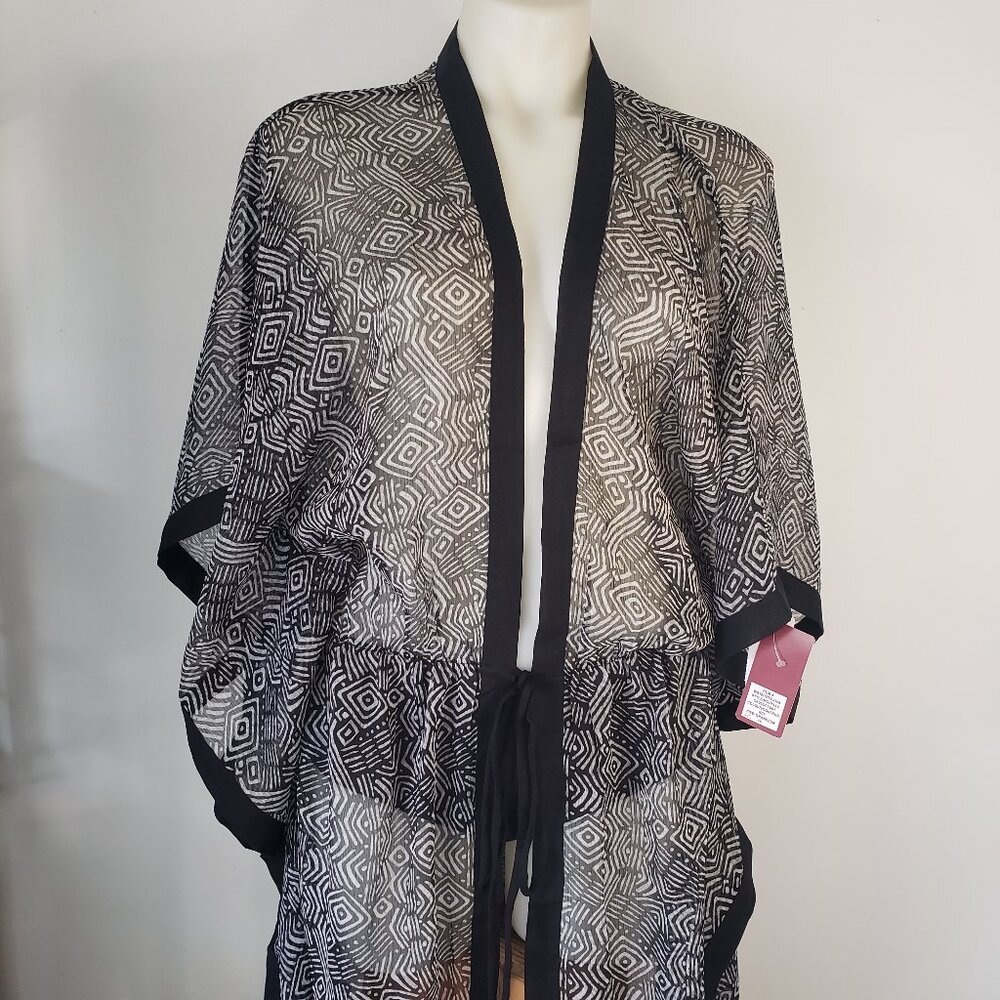 Black White Silky Sheer Wizard Sleeve Beach Bath Robe Coverup